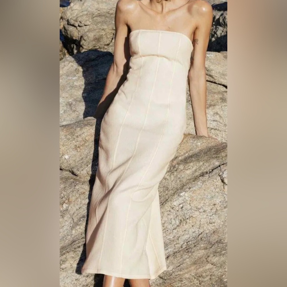 NWT ZARA Women's Textured Strapless Midi Dress Cream Size Small